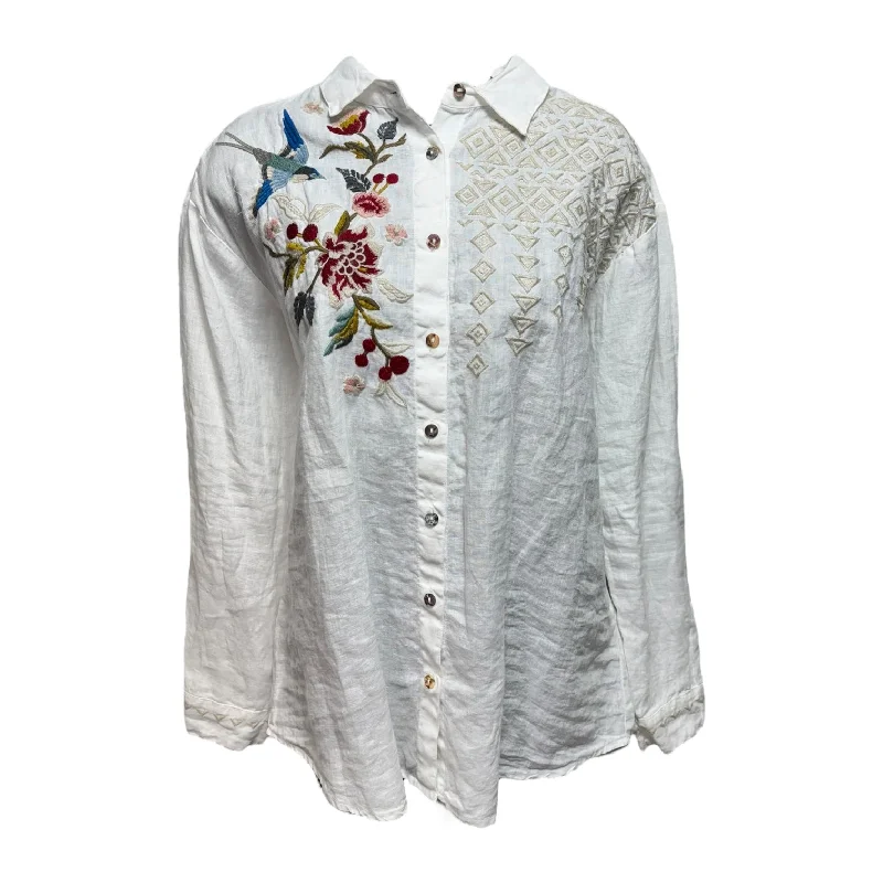 Linen Embroidered Top Long Sleeve By Johnny Was In White, Size: S