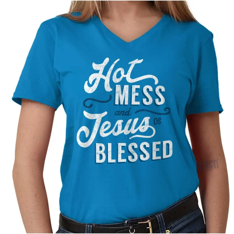 Hot Mess Blessed V-Neck T Shirt