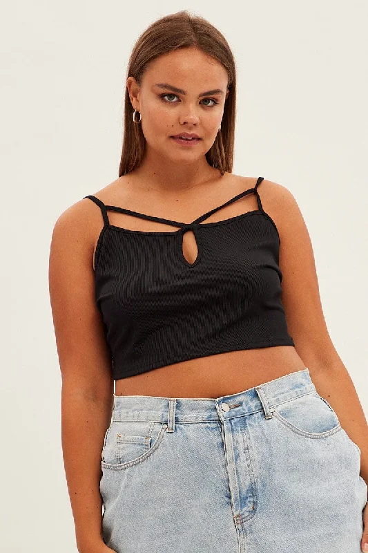 Black Crop Singlet Sleeveless Strappy Cross Front Jersey