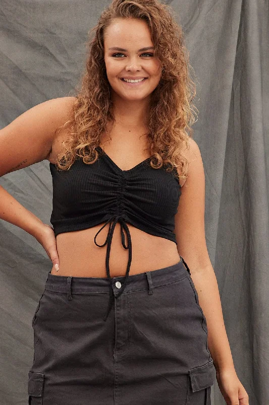 Black Crop Top Sleeveless Rib Jersey Drawstring