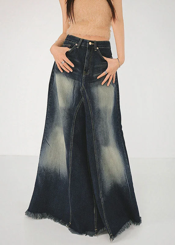 Boutique Blue Pockets Patchwork High Waist Denim Maxi Skirt Summer