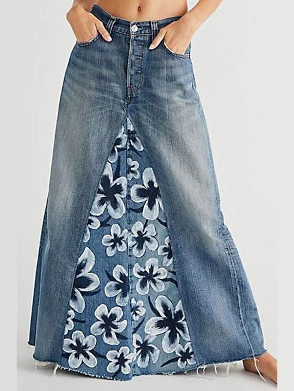 Casual Light Washed Floral Spliced A-Line Raw Hem Denim Skirt