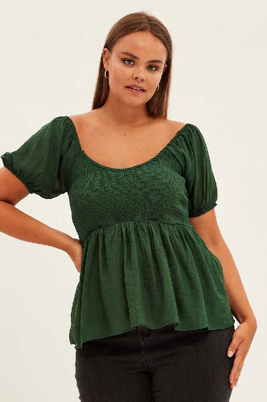 Green Peplum Top Short Sleeve Shirred