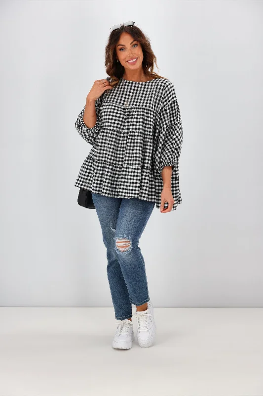 Natural Bay Maya Gingham Round Neck Top Black