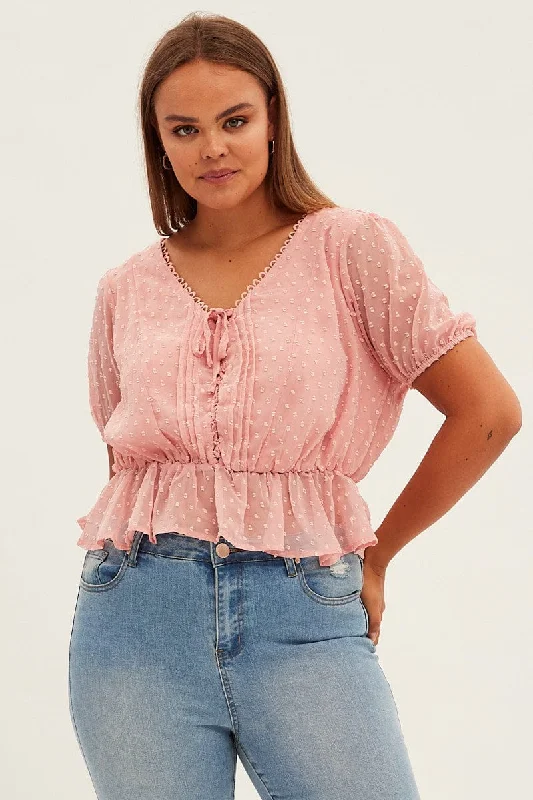 Pink Shirred Top Short Sleeve V-neck