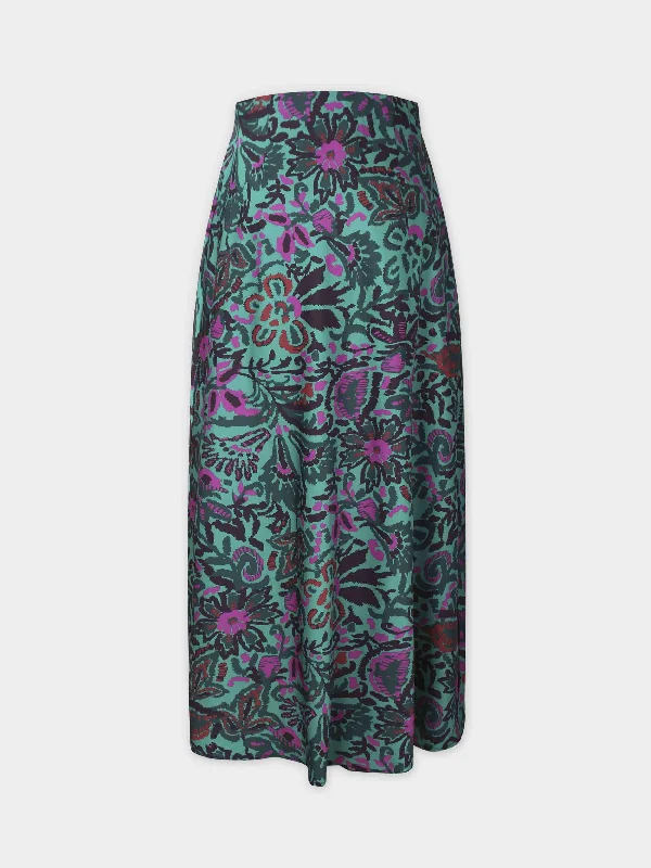 Printed Satin Slip Skirt-Pink/Green Floral