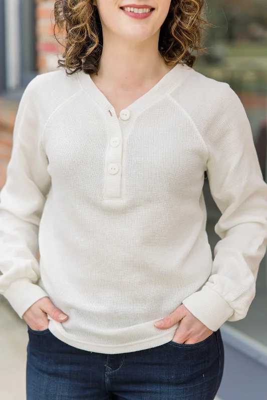 Waffle V-Neck Henley - Ivory