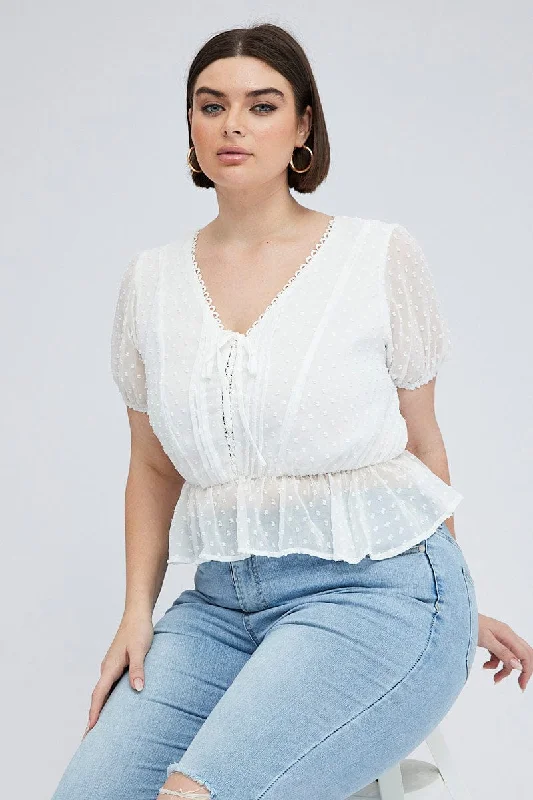 White Shirred Top Short Sleeve V-neck Dot