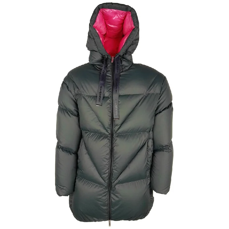 Elegant Fuchsia-lined Grey Down Duvet Jacket