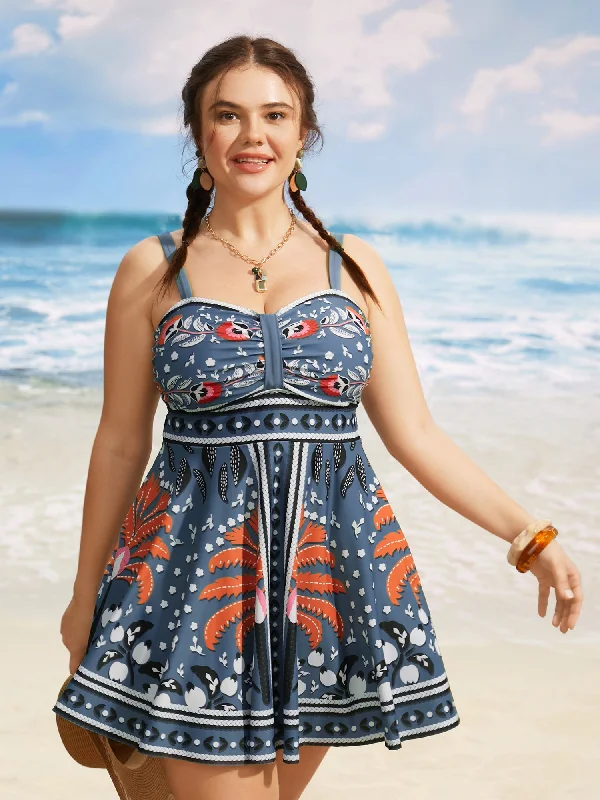 Bandana Print Heart Neckline Gathered Swim Dress