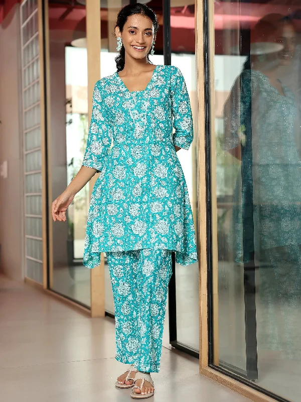 Blue Printed Cotton A-Line Kurta With Trousers