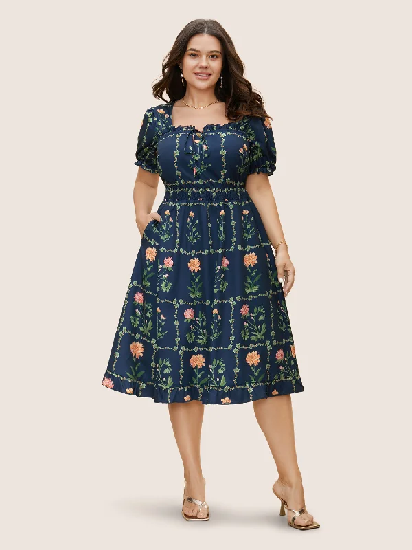 Boho Print Tie Knot Shirred Lantern Sleeve Dress