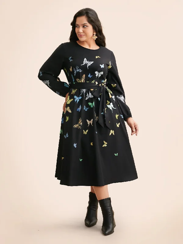 Butterfly Print Crew Neck Belted Dress