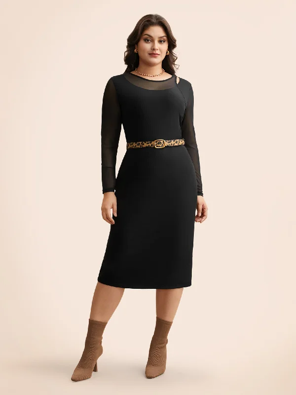 Crew Neck Patchwork Mesh Split Hem Dress