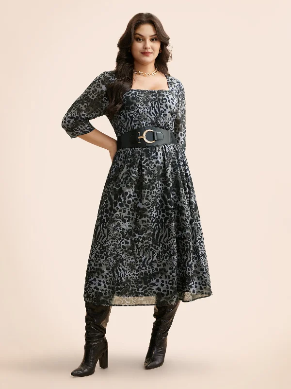 Leopard Print Square Neck Chiffon Dress