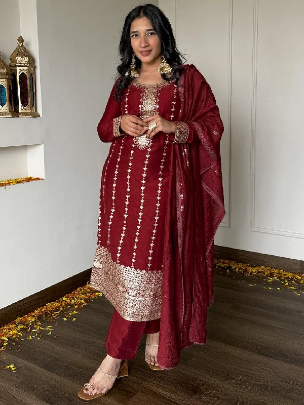 Maroon Embroidered Silk Straight Suit With Dupatta