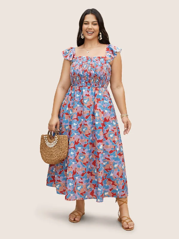 Multicolor Floral Textured Ruffle Trim Dress