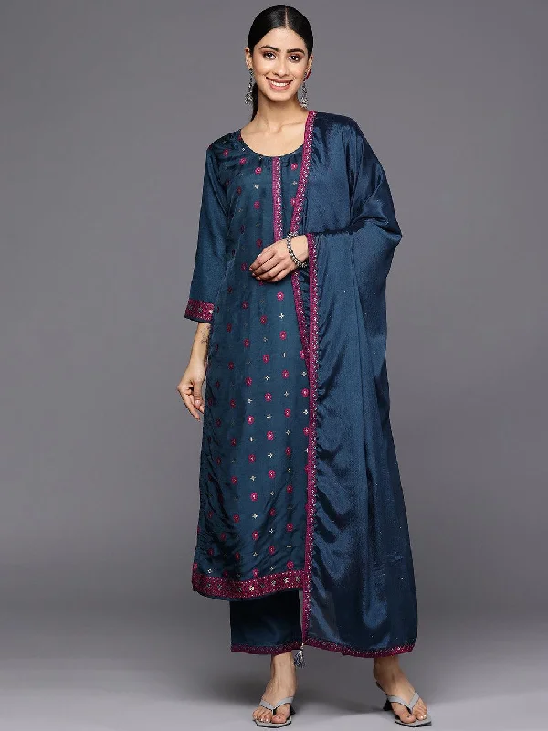 Navy Blue Self Design Silk Blend Straight Kurta With Trousers & Dupatta