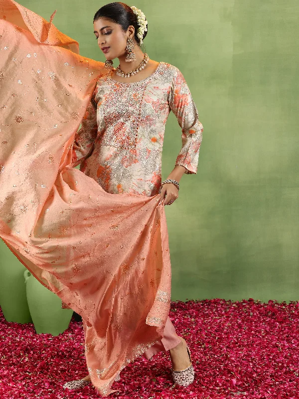 Peach Printed Silk Blend Straight Suit With Dupatta