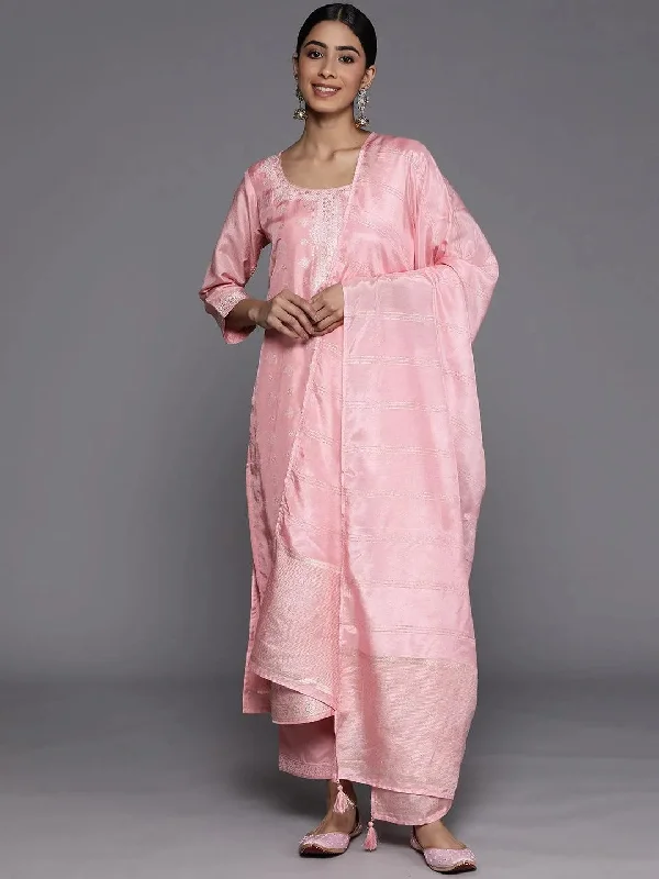 Pink Self Design Silk Blend Straight Kurta With Trousers & Dupatta