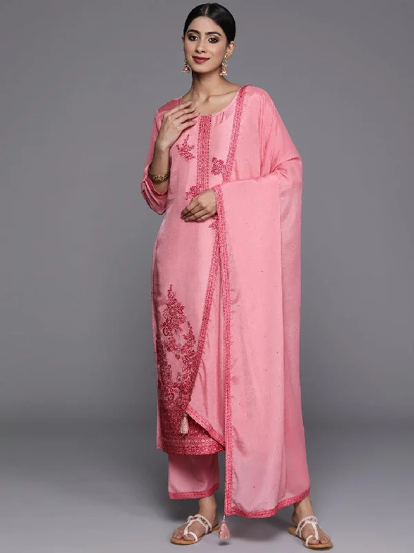 Pink Woven Design Silk Blend Straight Kurta With Trousers & Dupatta