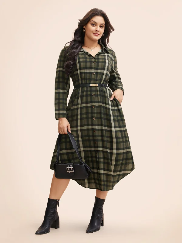 Plaid Shirt Collar Curved Hem Dress