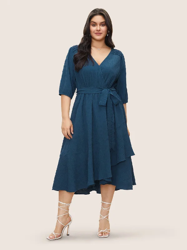 Plisse Overlap Collar Belted Pleated Detail Dress