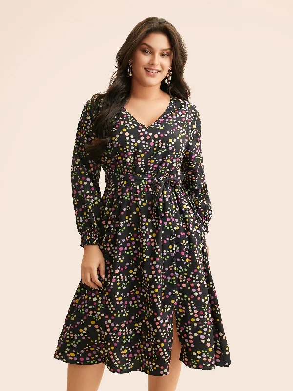 Polka Dot Shirred Belted Split Hem Dress