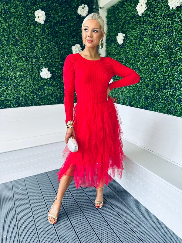 Sami Knit & Tulle Dress Red