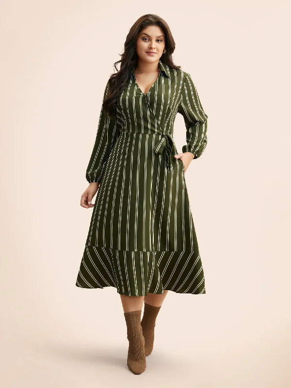 Striped Tie Knot Lantern Sleeve Dress