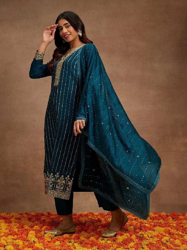 Teal Embroidered Silk Straight Suit With Dupatta