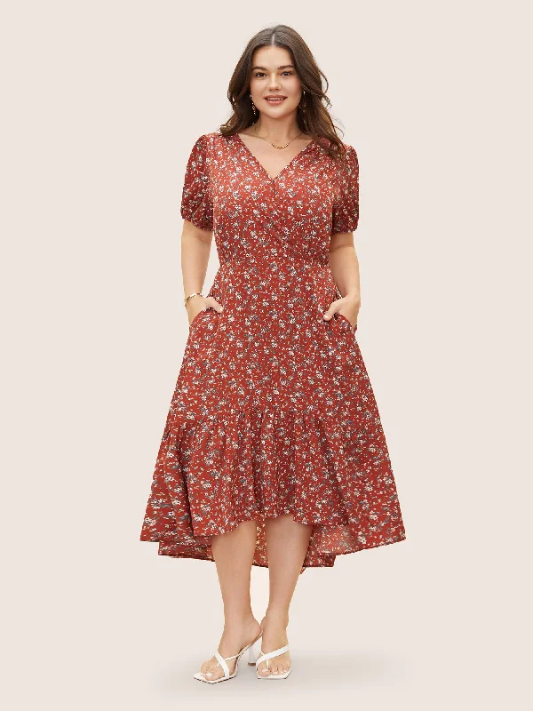 V Neck Ditsy Floral Puff Sleeve Dress