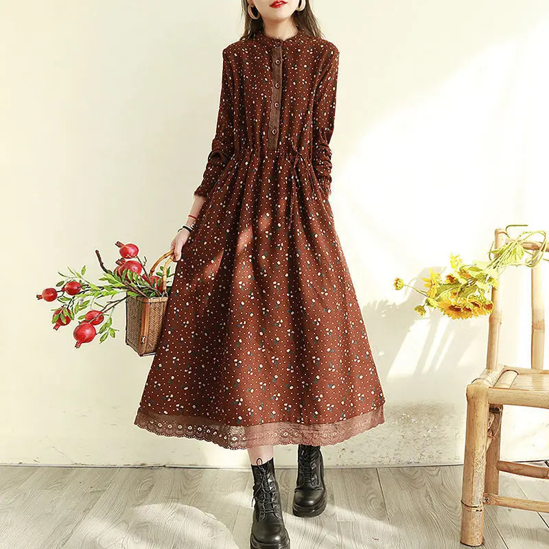 2024 Vintage Loose Long Sleeve Cotton Linen Print Midi Boho Dress