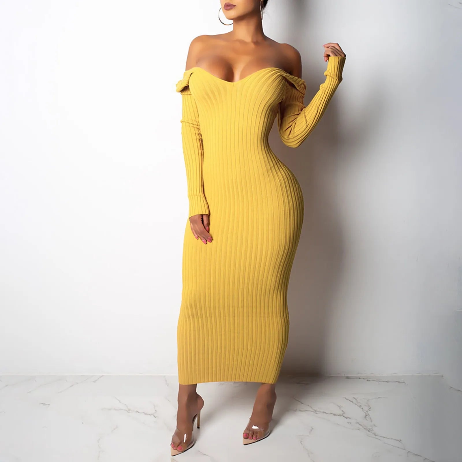 2024 Sexy Deep V Neck Off Shoulder Rib Knit Midi Dress