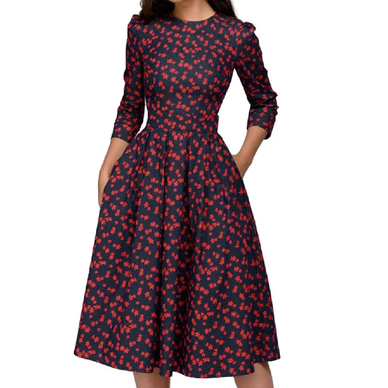 Vintage Print Midi Evening Sleeves A-Line O-Neck Dress