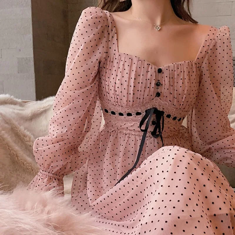 French Vintage Midi Dress Women Puffer Sleeve Square Collor Office Elegant Dress Female Autumn Dot One Piece Dress Korean