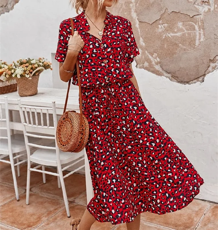 Ladies Bohemian Leopard Print Shirt Dress Women Casual Midi Holiday Summer Dress Female A-line Loose Women Beach Dress