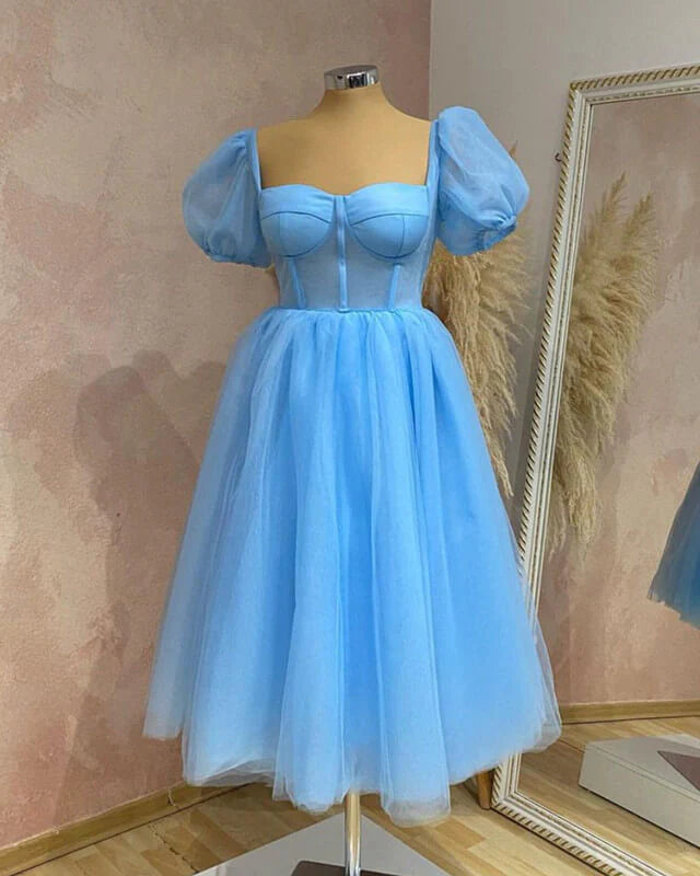 Blue Tulle Puffy Sleeve Midi Dress A-Line Princess Prom Dresses