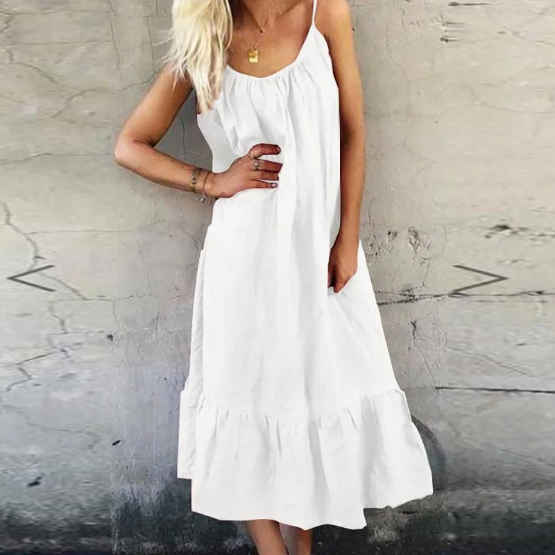 Casual Spaghetti Strap Solid Color Midi Dress