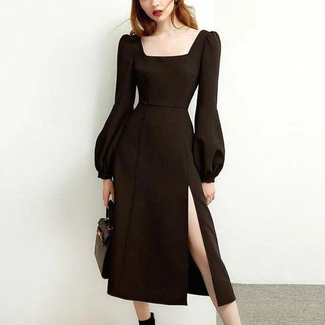 Dark Academia Black Retro Midi Dress