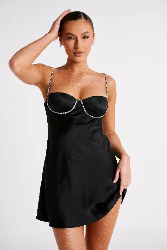 Elora Satin Cupped Mini Dress With Diamante Rope - Black