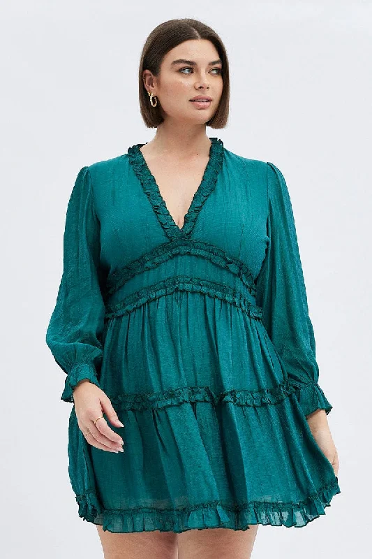 Green Mini Dress Textured Chiffon Frill Long Sleeve