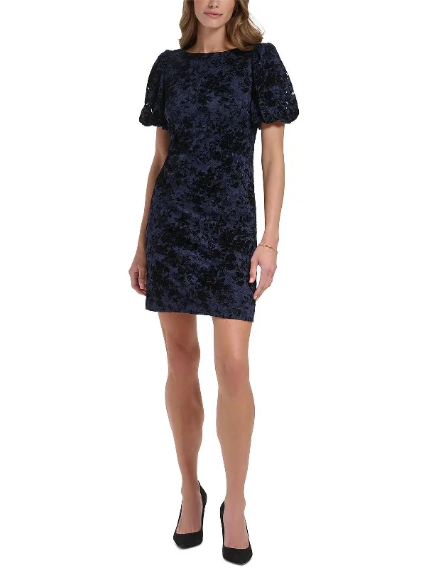 Petites Womens Lace Mini Sheath Dress