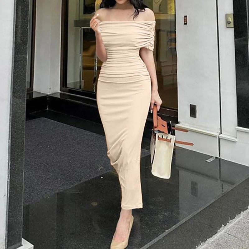 Ruched Elegant Slash Neck Midi Bodycon Dress