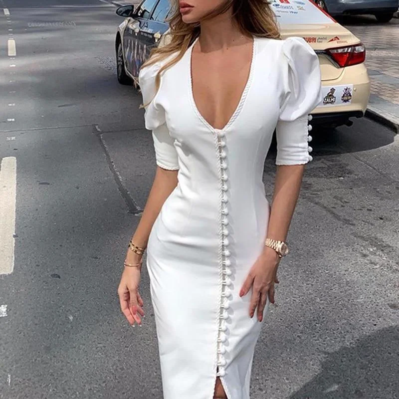 FashionSierra - Single breasted bodycon dress women Puff sleeve v neck party dress Elegant ladie tight workwear white dresses midi vestidos