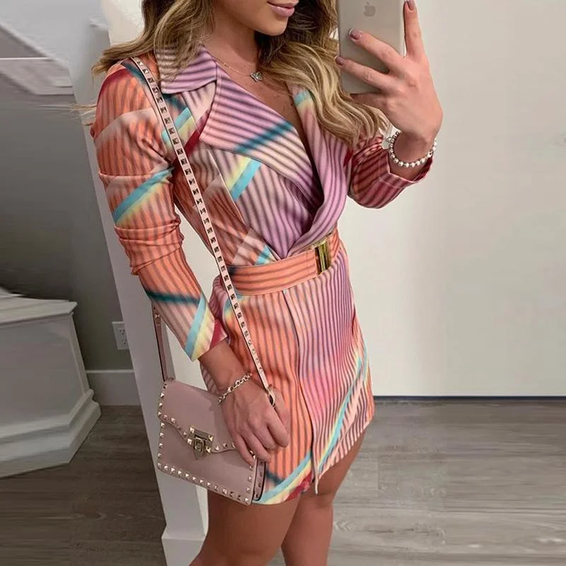 FashionSierra - Striped print midi blazer dress with belt Long sleeve turn down collar autumn women dress 2019 Elegant office workwear Vestidos