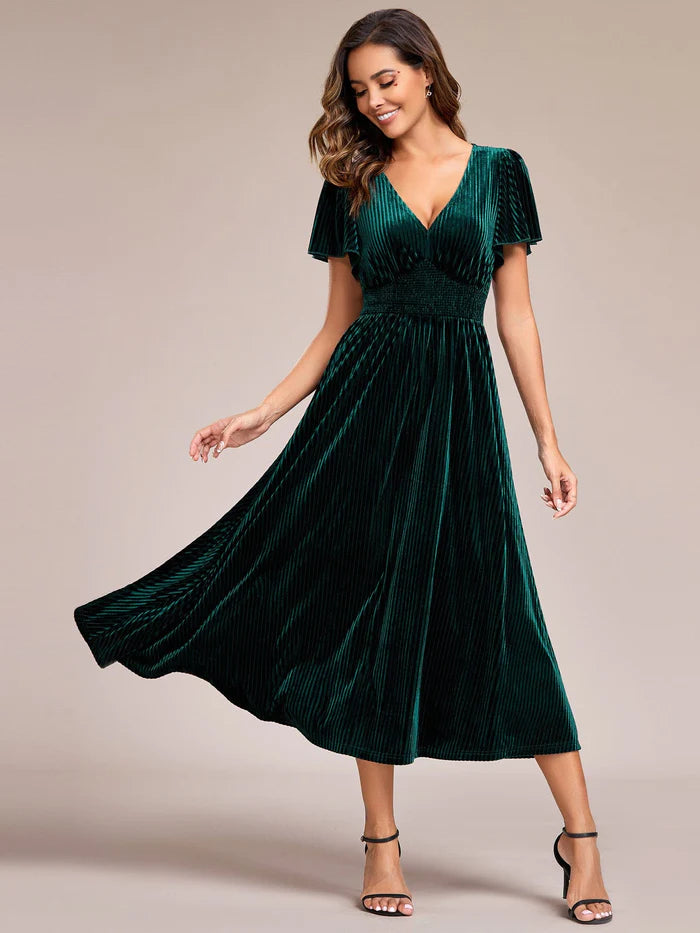 Striped Velvet Flutter Sleeves V-Neck Midi Wedding Guest Dress