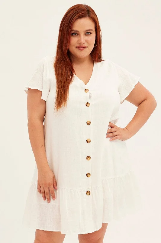 White Mini Dress Drop Hem Button Through Linen Blend