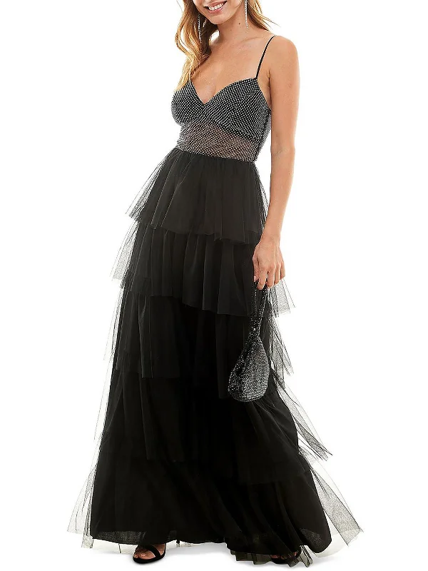 Juniors Womens Embellished Tiered Evening Dress