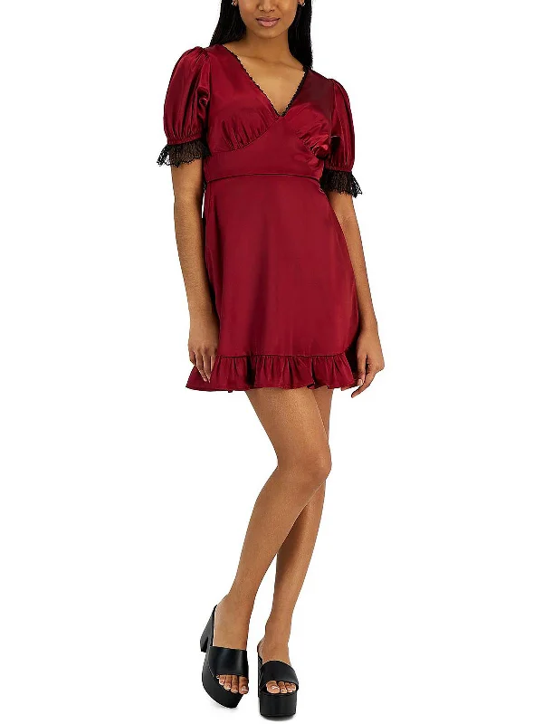 Juniors Womens Satin Lace-Trim Cocktail and Party Dress